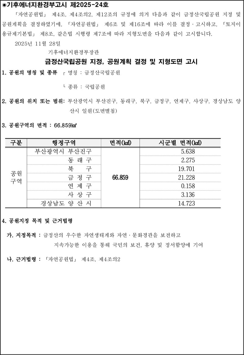 기후에너지환경부_금정산국립공원 지정, 공원계획 결정 및 지형도면 고시_2025