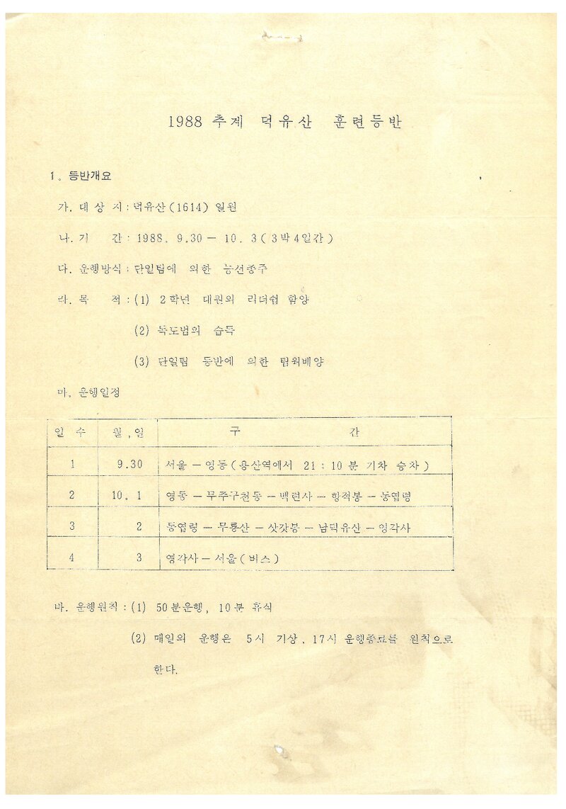1988 한국외국어대학교산악부 추계 덕유산 훈련 등반 계획서