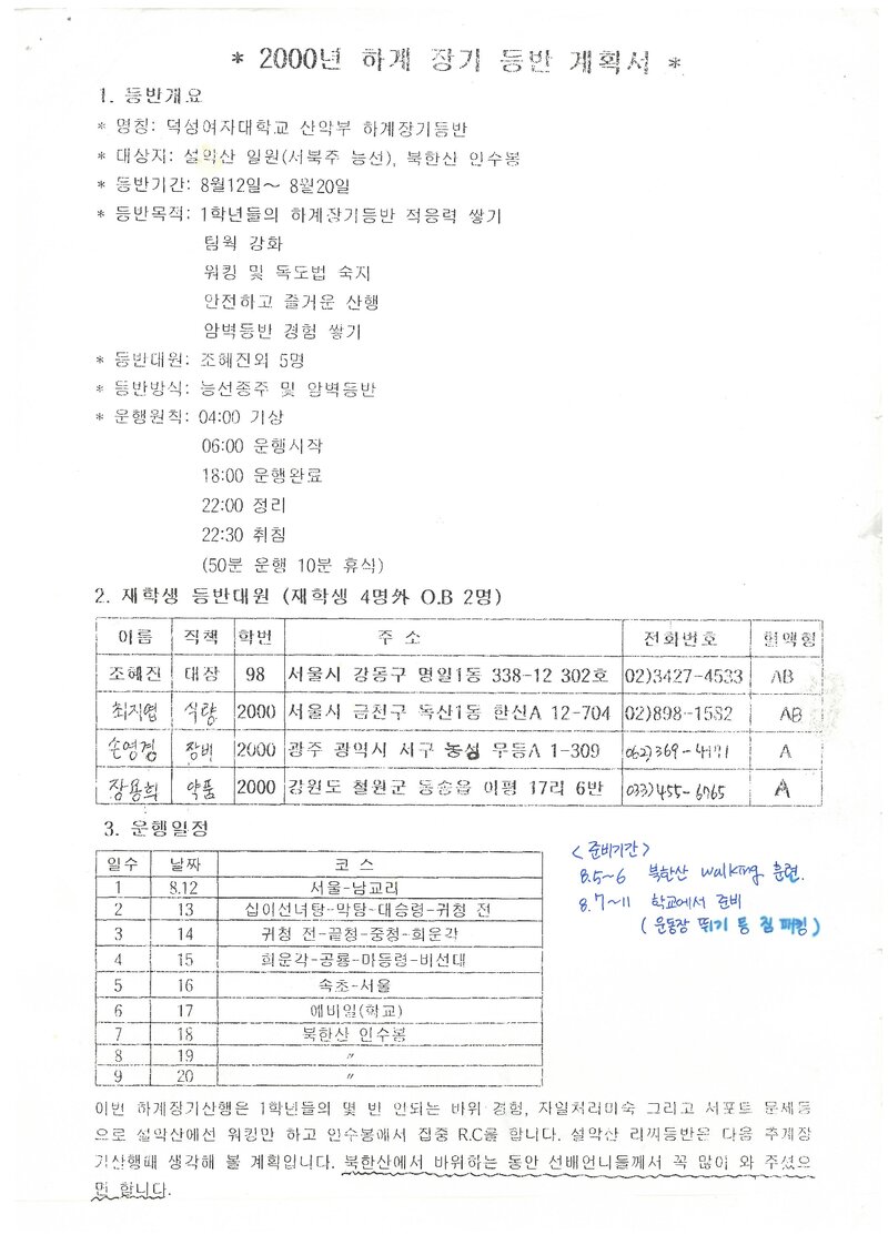 2000 덕성여자대학교산악부 하계 설악산ㆍ북한산 훈련 등반 계획서