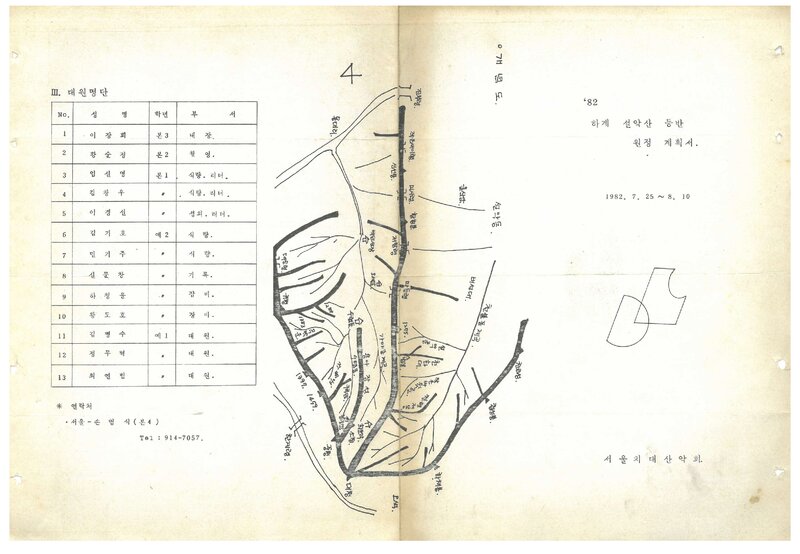 1982 서울대학교 치과대학산악회 하계 설악산 등반 계획서