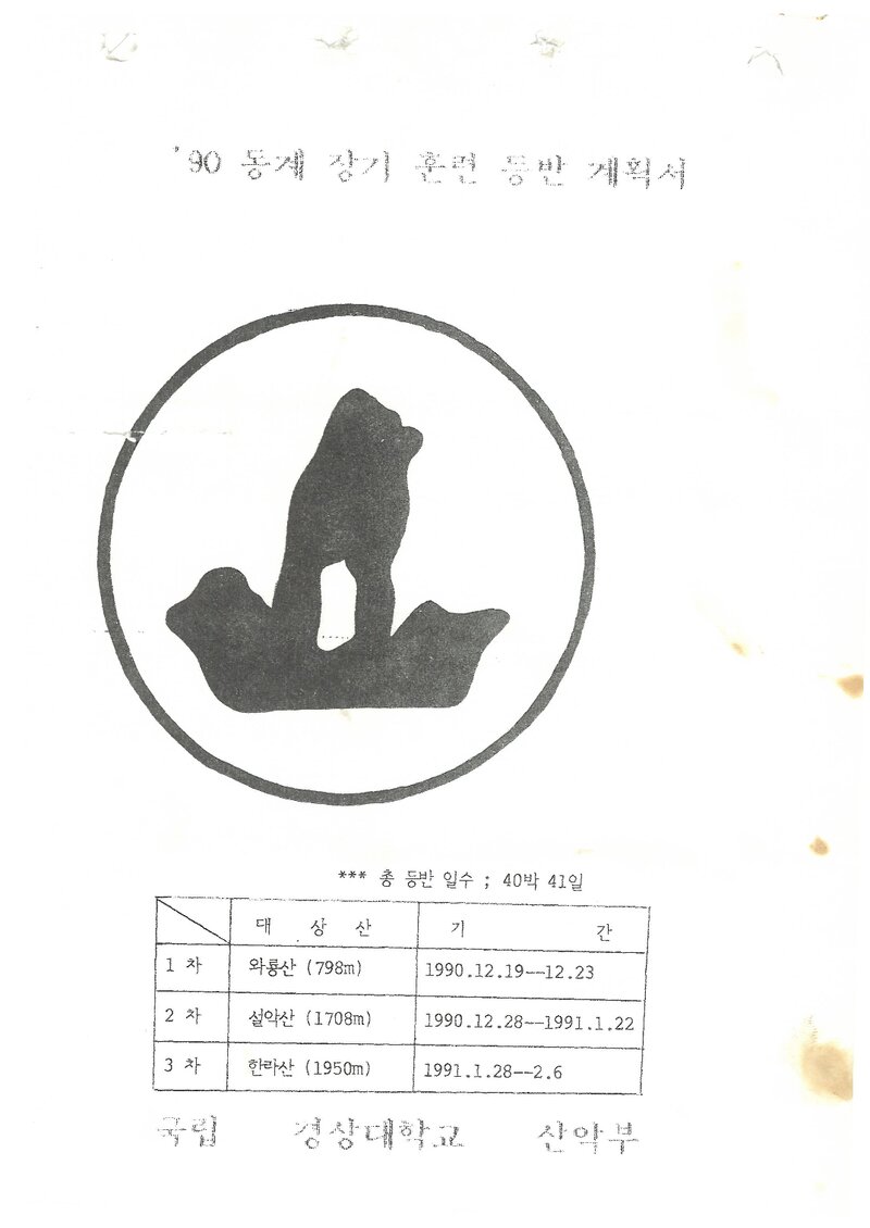 1990 경상대학교산악부 동계 와룡산ㆍ설악산ㆍ한라산 훈련 등반 계획서