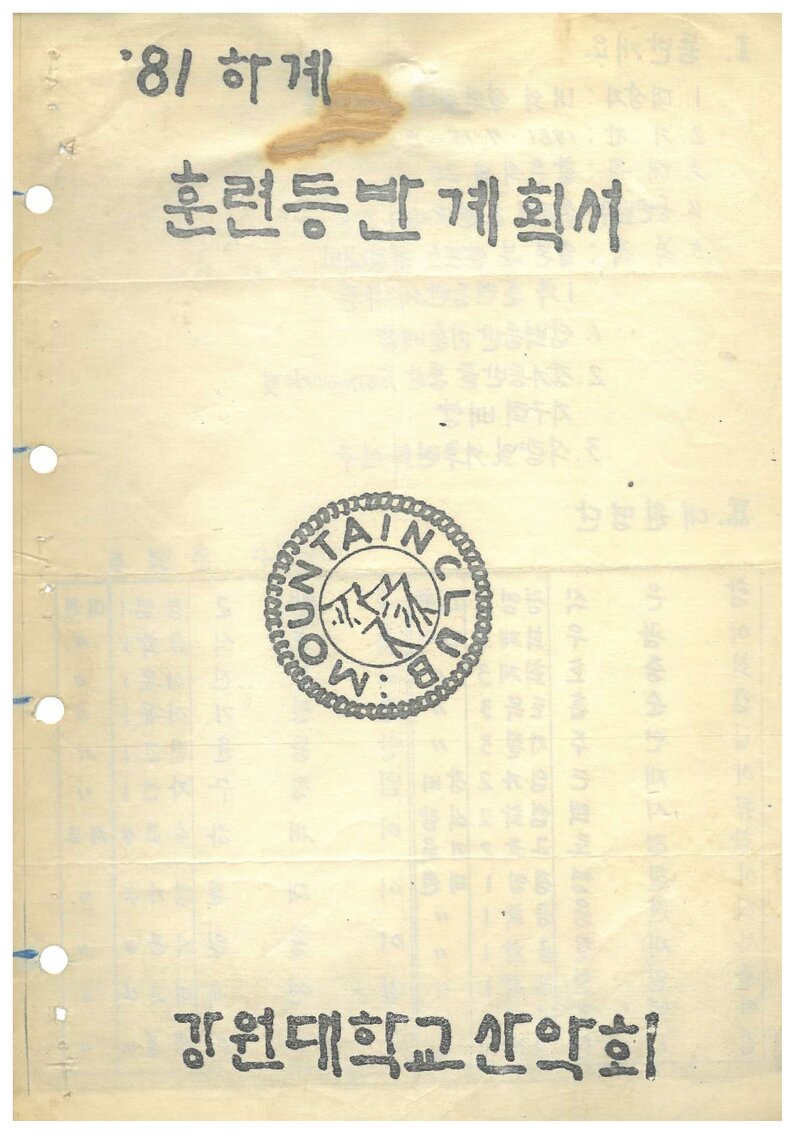 1981 강원대학교산악회 하계 훈련 등반 계획서