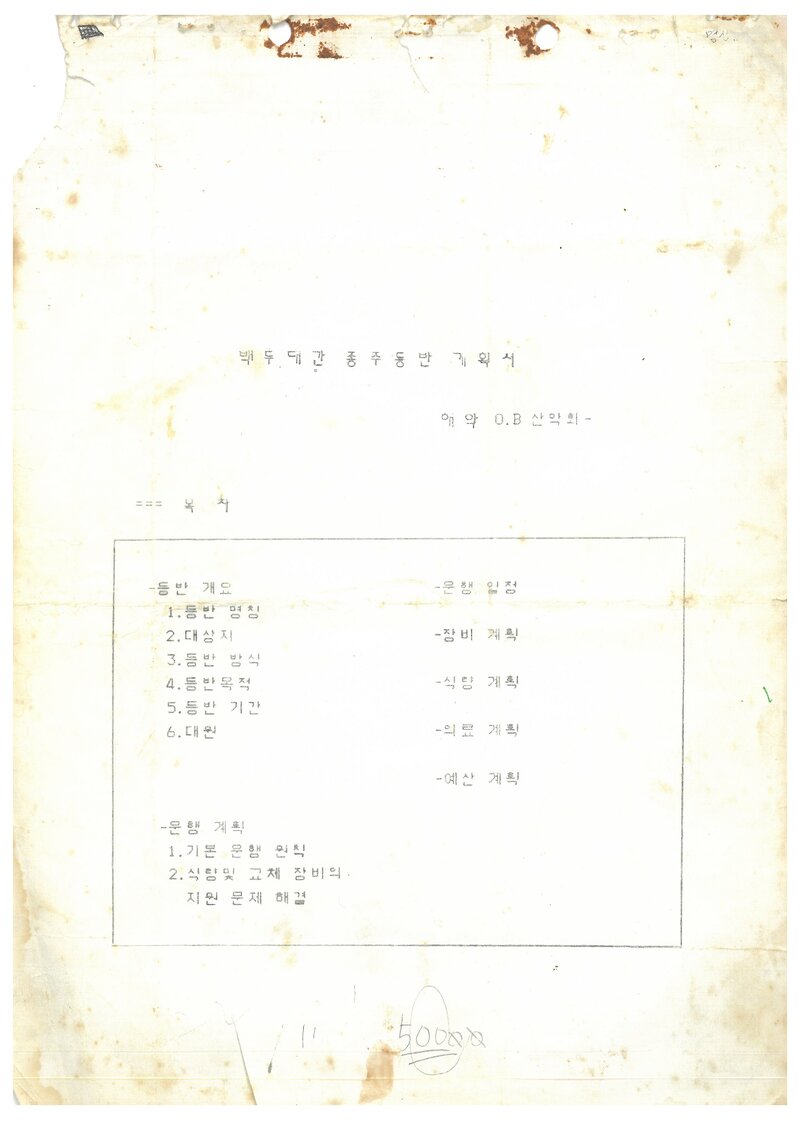 1992 목포해양대학산악회 백두대간 단독 종주 등반 계획서