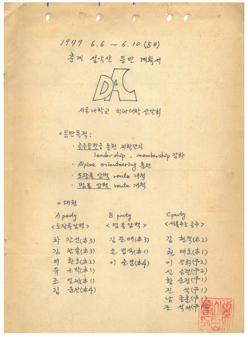 1979 서울대학교 치과대학산악회 춘계 설악산 등반 계획서