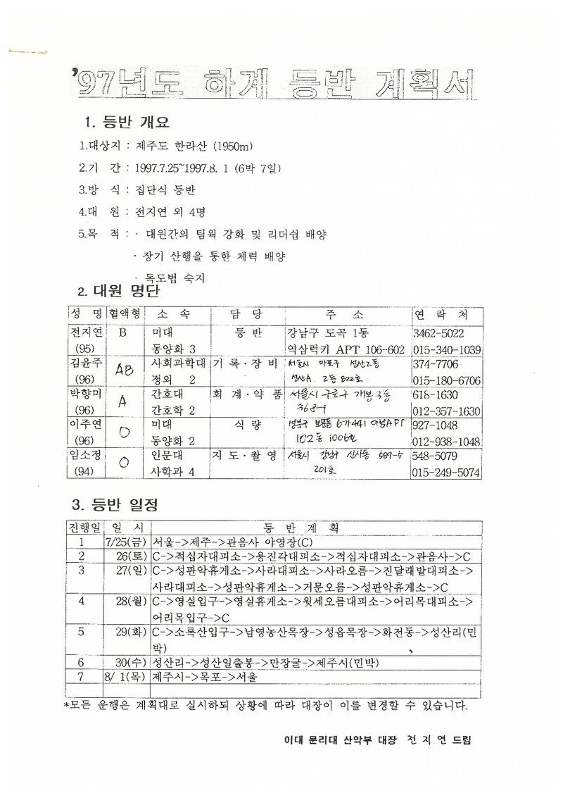 1997 이화여자대학교 문리대학산악부 하계 한라산 훈련 등반 계획서