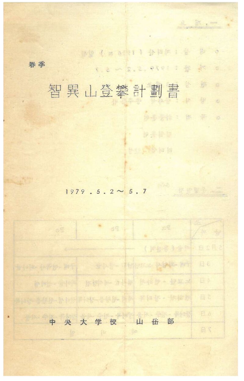 1979 중앙대학교산악부 춘계 지리산 등반 계획서