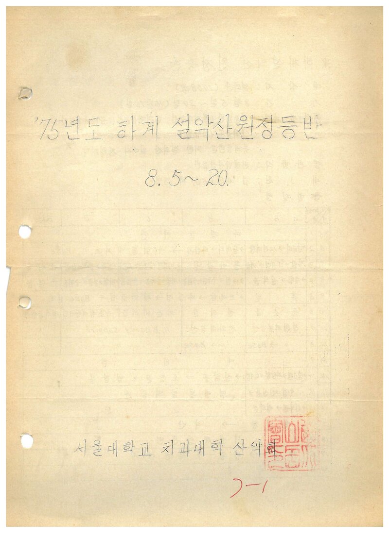 1975 서울대학교 치과대학산악회 하계 설악산 등반 계획서