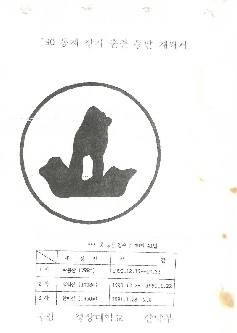 1990~1991 경상대학교산악부 동계 와룡산ㆍ설악산ㆍ한라산 훈련 등반 계획서