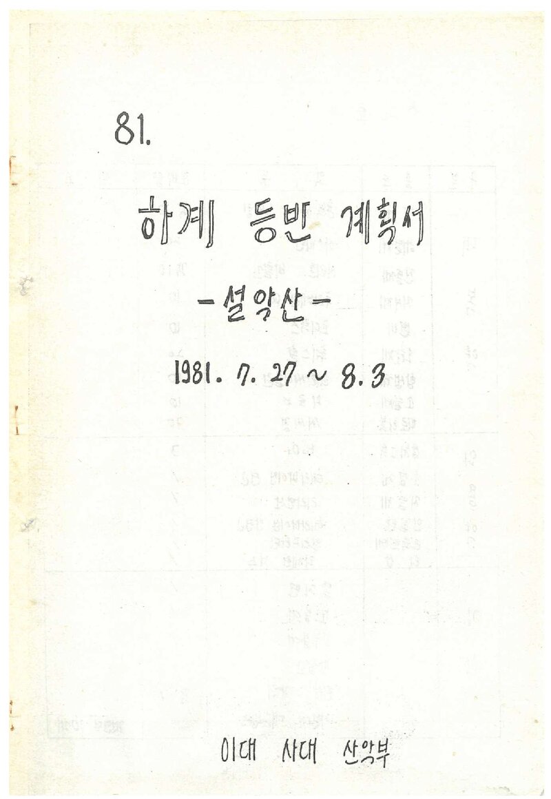 1981 이화여자대학교 사범대학산악부 하계 설악산 등반 계획서