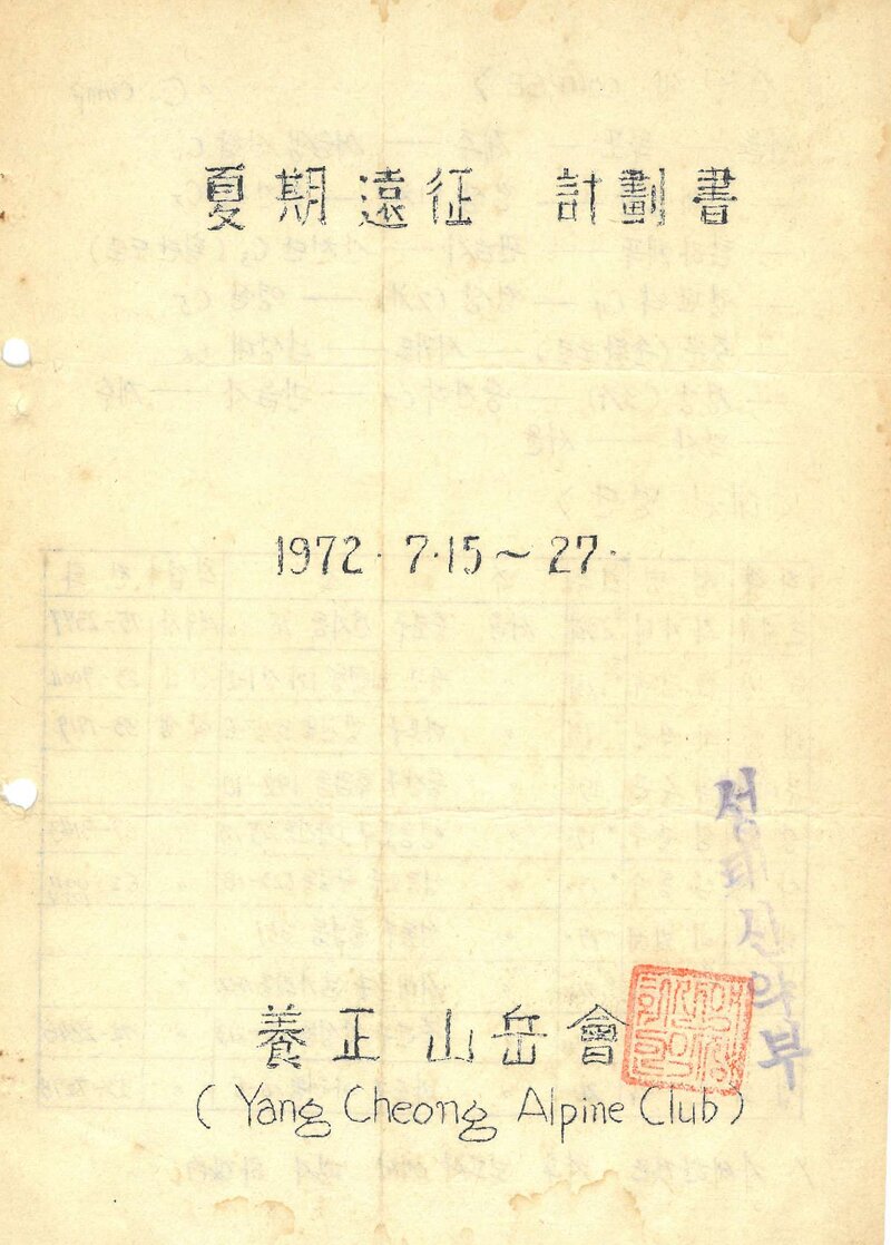 1972 양정산악회 하기 한라산 원정 계획서