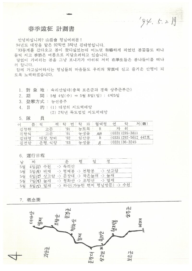1994 서울대학교 농과대학산악회 춘계 속리산 원정 계획서
