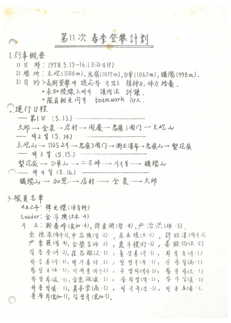 1978 영남대학교산악회 춘계 훈련 등반 계획서