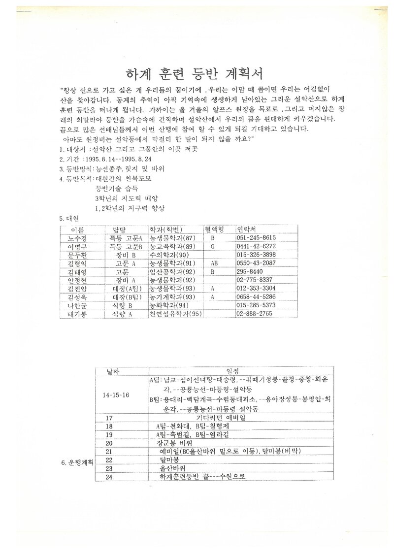 1995 서울대학교 농과대학산악회 하계 설악산 훈련 등반 계획서