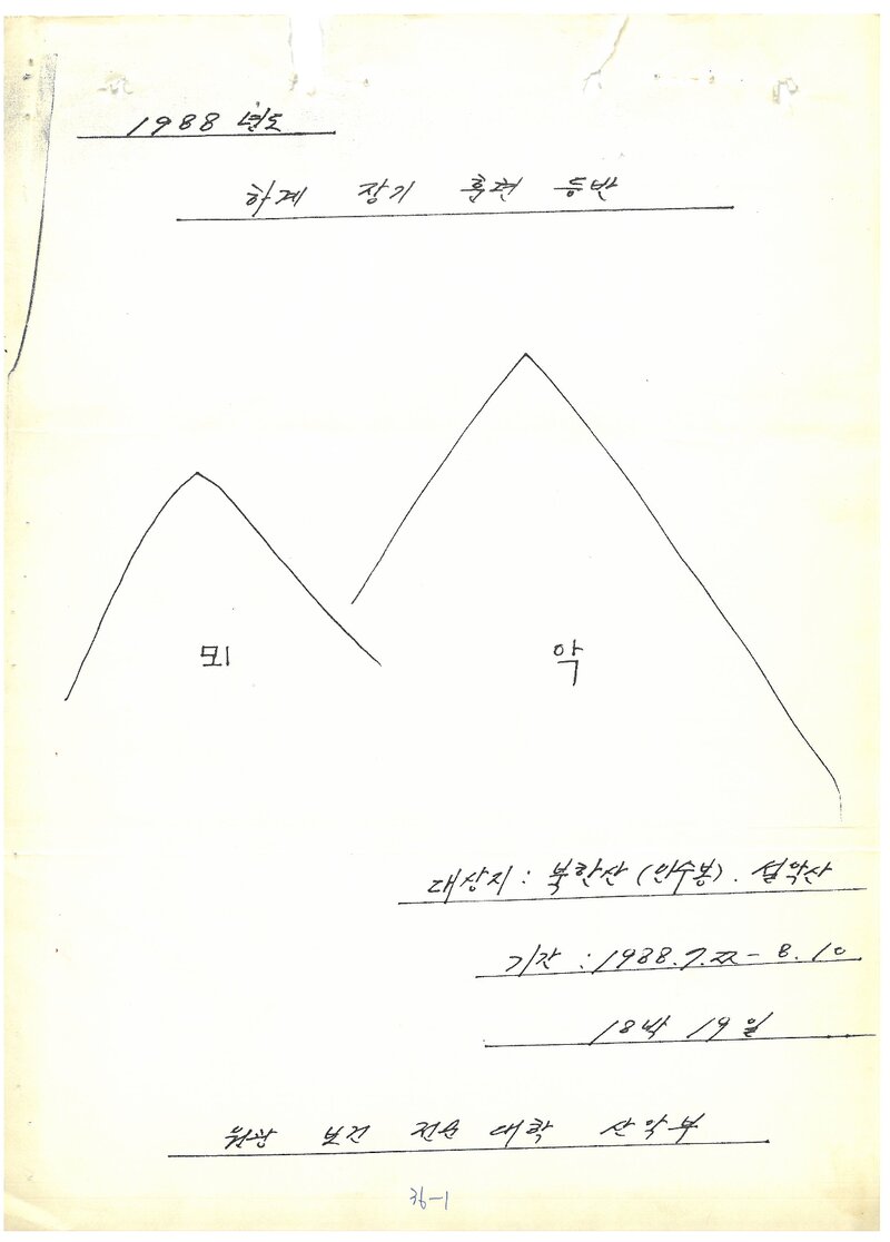 1988 원광보건전문대학산악부 하계 북한산ㆍ설악산 훈련 등반 계획서