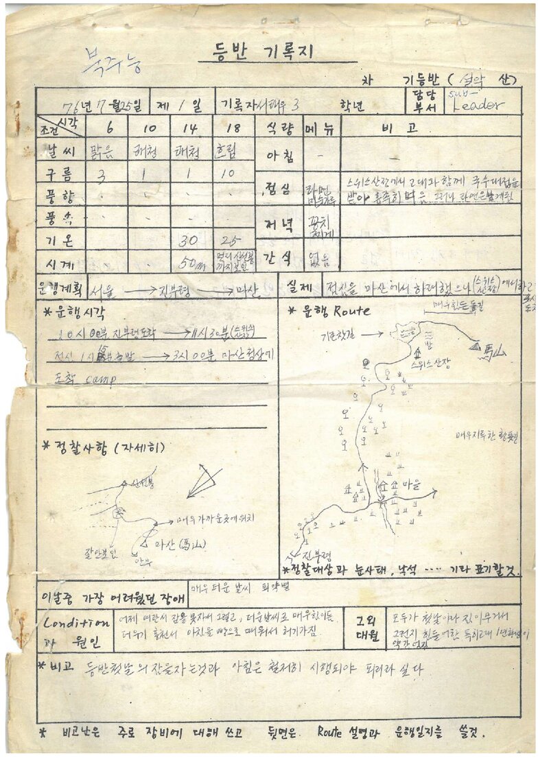 1976 연세대학교산악부 하계 설악산 등반 기록지
