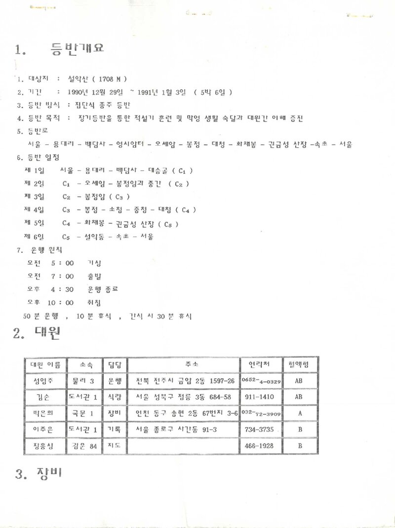 1990~1991 이화여자대학교 인문자연대학산악부 동계 설악산 등반 보고서