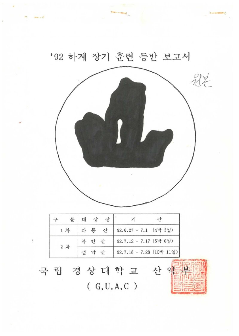 1992 경상대학교산악부 하계 와룡산ㆍ북한산ㆍ설악산 훈련 등반 보고서