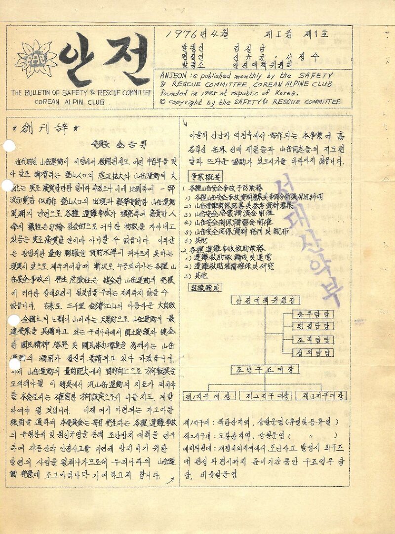 한국산악회 안전대책위원회_월보_안전_제1호_1976.04