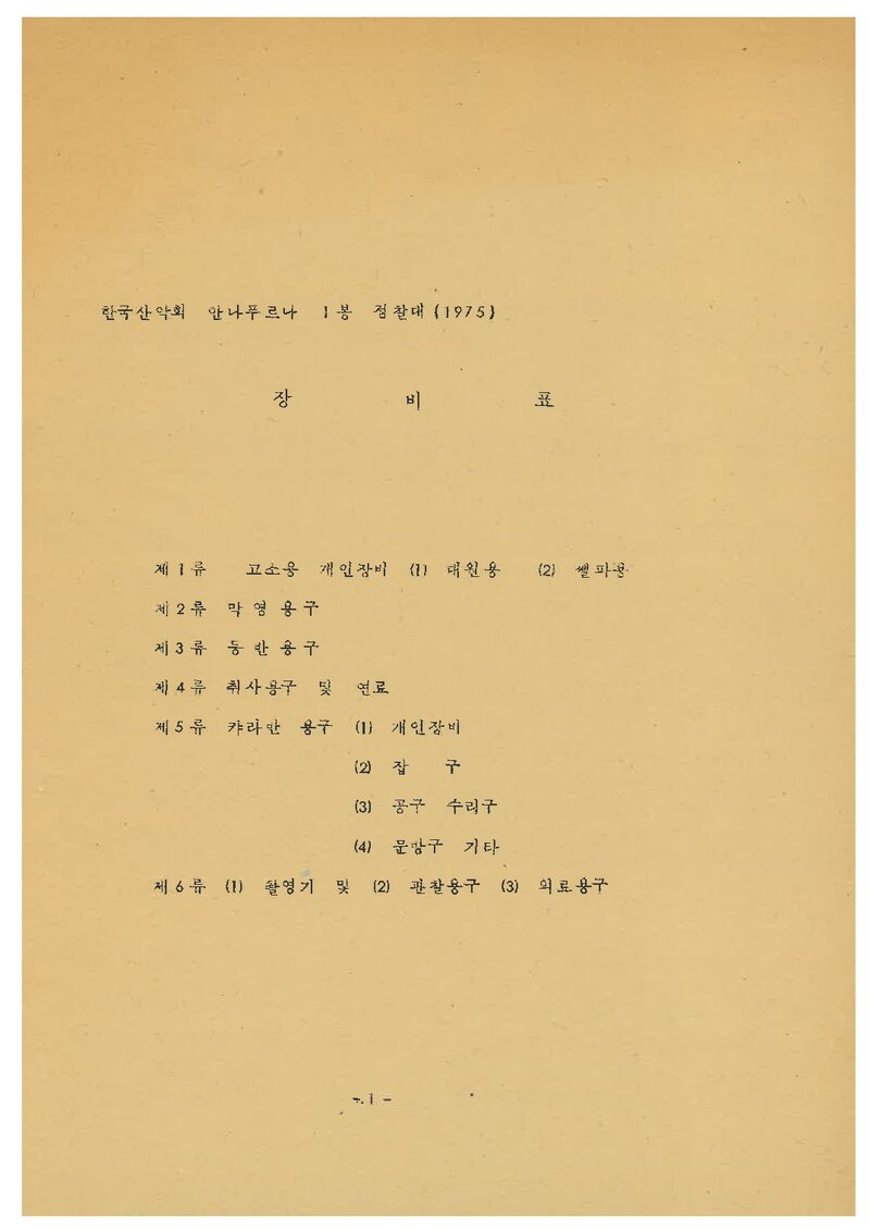 1975 한국산악회 안나푸르나 1봉 정찰대 장비계획